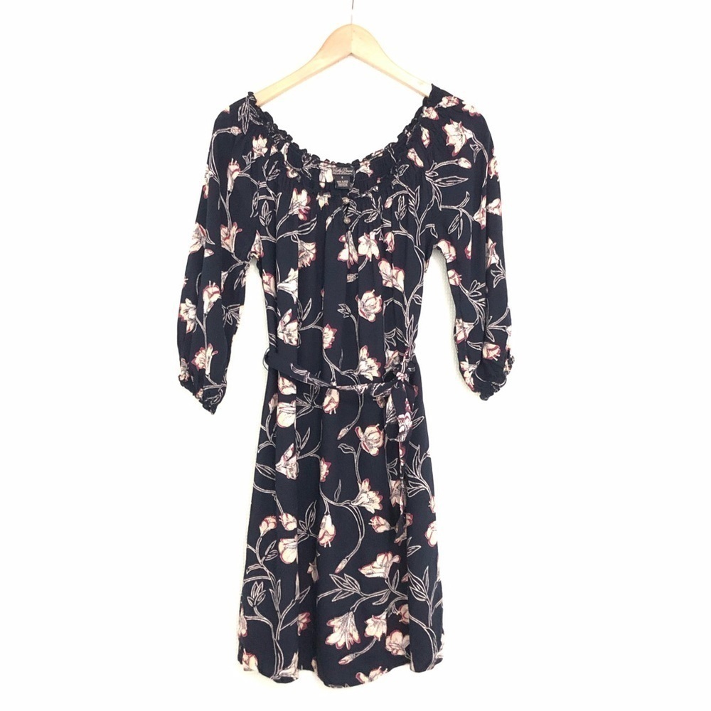 Lucky Brand Navy Blue & Pink Floral Print Dress 3/4 Sleeve Belted Women's Small